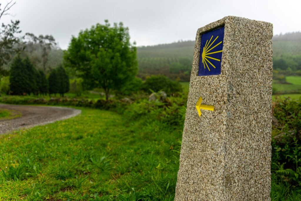 A tranquil scene of a waymark on the Camino de Santiago walking route.