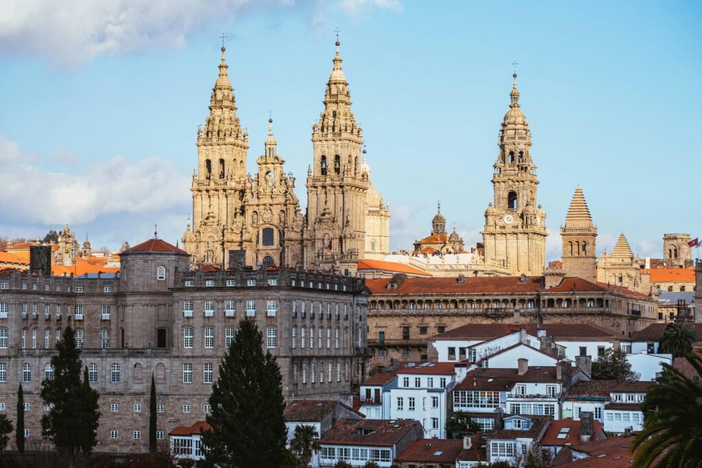Scenic view of Santiago de Compostela Cathedral, a historic and religious landmark in Spain.